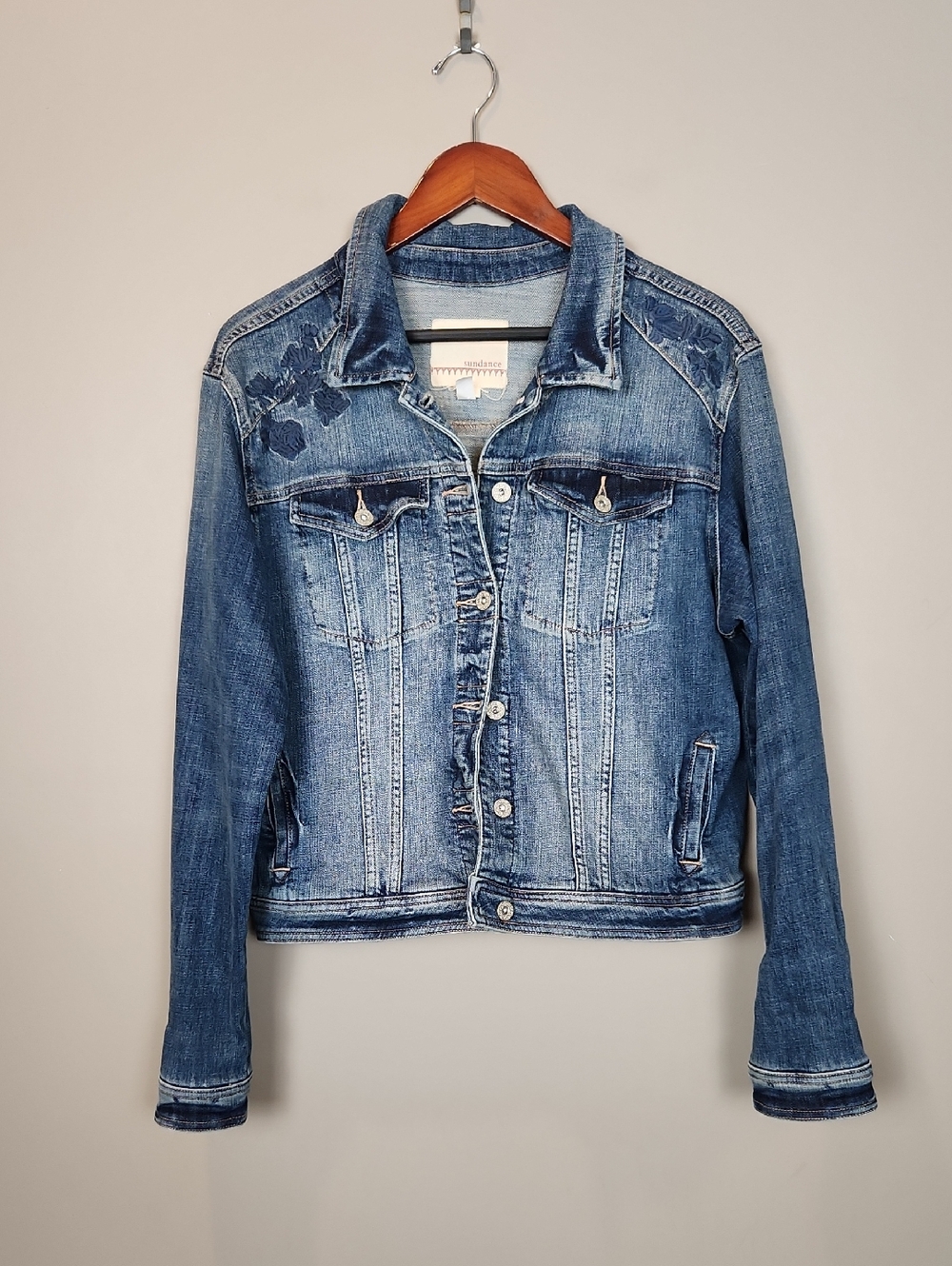 Sundance Floral Embroidered Blue Denim Jacket Size XL